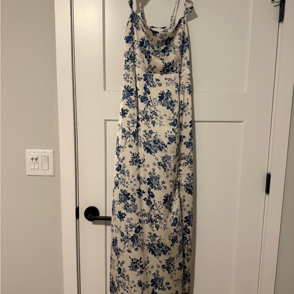 Windsor Cream Satin Dress with Blue Floral Print